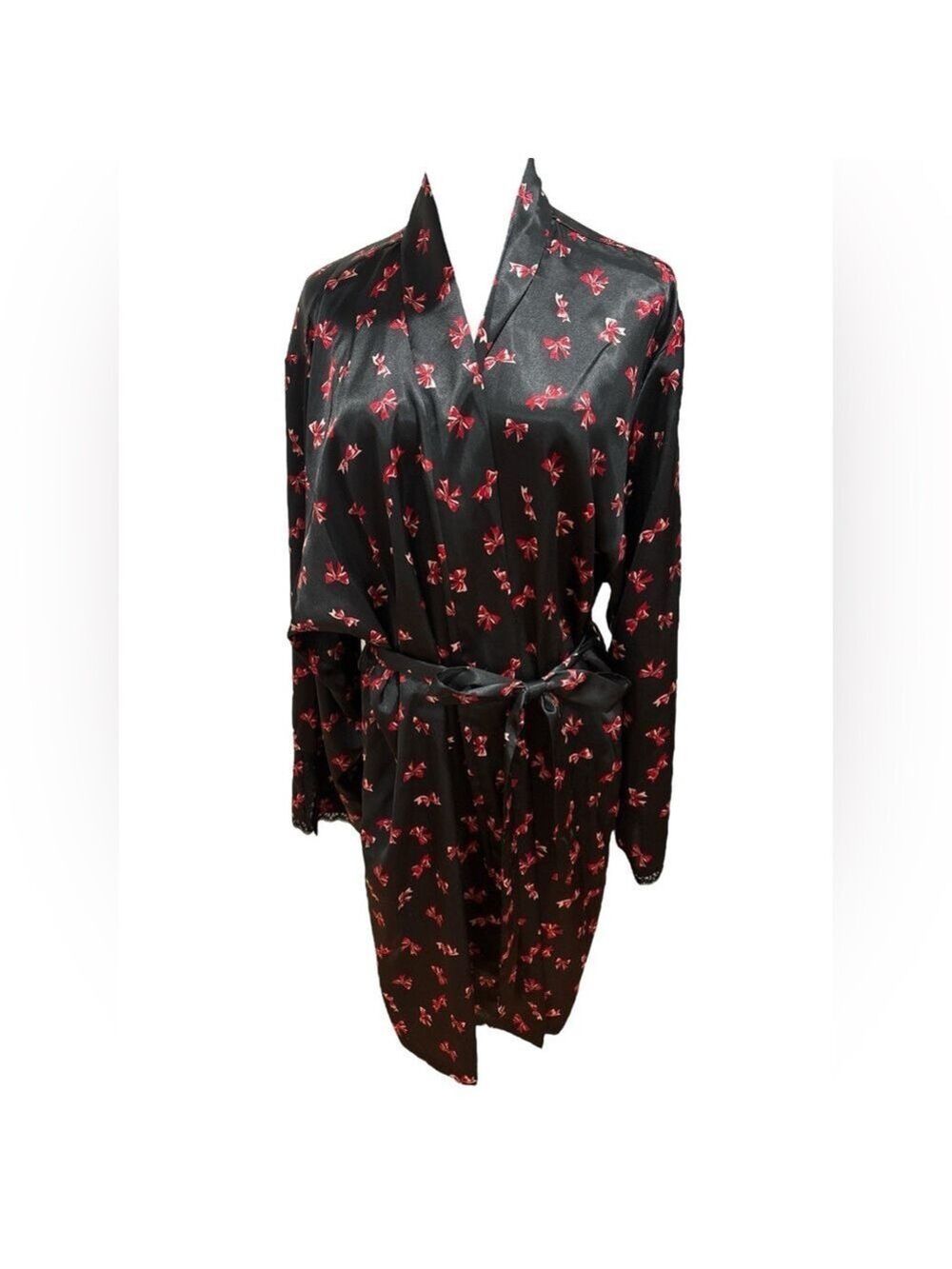 90s DELICATES BLACK & RED SATIN DITZY BOW PRINT KIMONO ROBE LOUNGEWEAR SZ XL